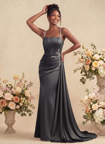 Sheath/Column Square Neckline Sleeveless Soft Satin Bridesmaid Dresses With Rhinestone