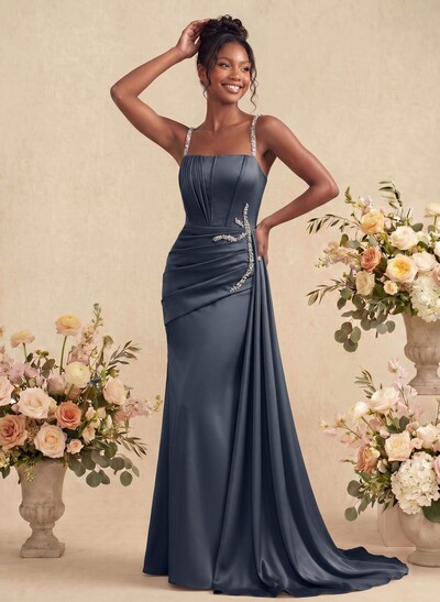 Sheath/Column Square Neckline Sleeveless Soft Satin Bridesmaid Dresses With Rhinestone