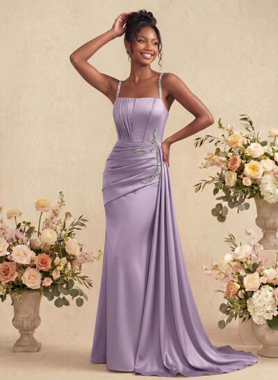 Sheath/Column Square Neckline Sleeveless Soft Satin Bridesmaid Dresses With Rhinestone