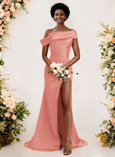 Sheath/Column Asymmetrical Sleeveless Satin Bridesmaid Dresses With Split Front