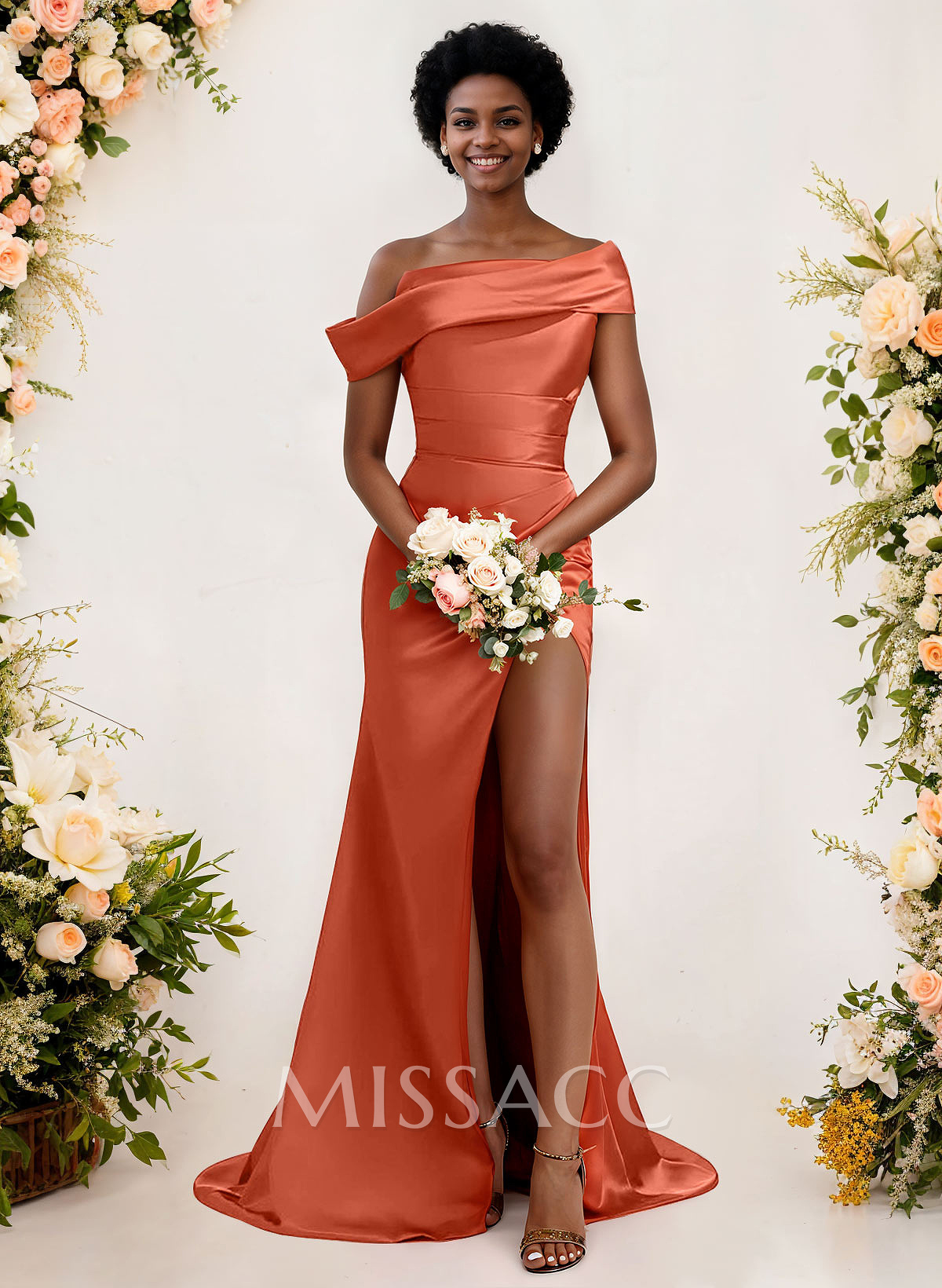 Sheath/Column Asymmetrical Sleeveless Satin Bridesmaid Dresses With Split Front Sheath/Column Asymmetrical Sleeveless Satin Bridesmaid Dresses With Split Front