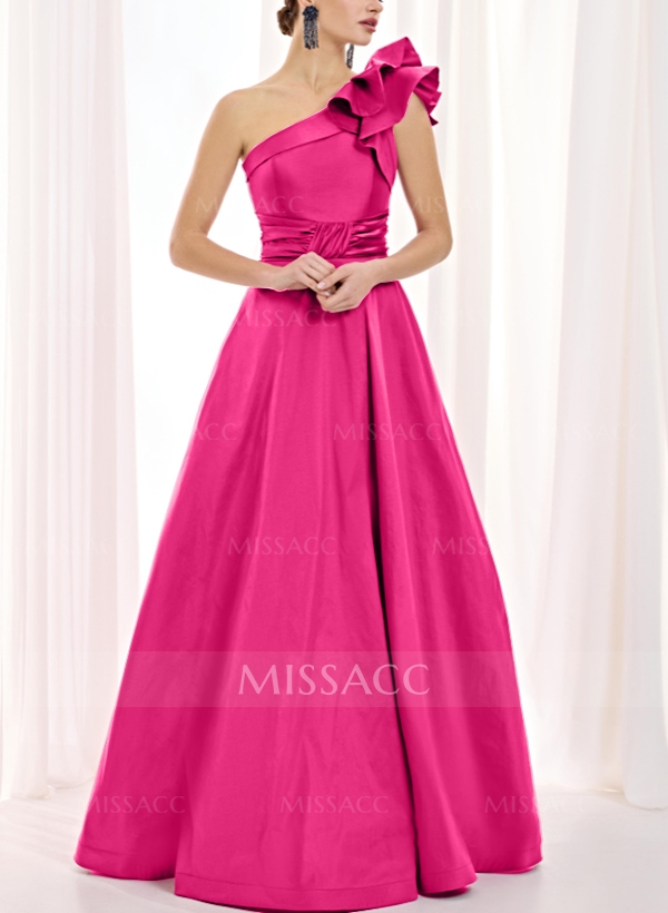 A-Line One-Shoulder Sleeveless Satin Bridesmaid Dresses With Cascading Ruffles