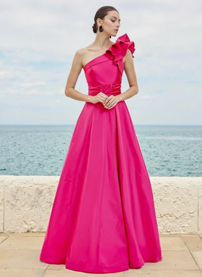 A-Line One-Shoulder Sleeveless Satin Bridesmaid Dresses With Cascading Ruffles