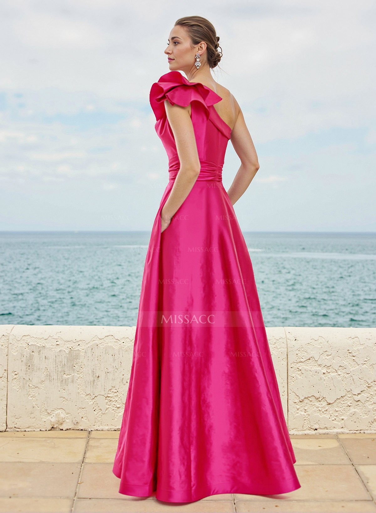 A-Line One-Shoulder Sleeveless Satin Bridesmaid Dresses With Cascading Ruffles