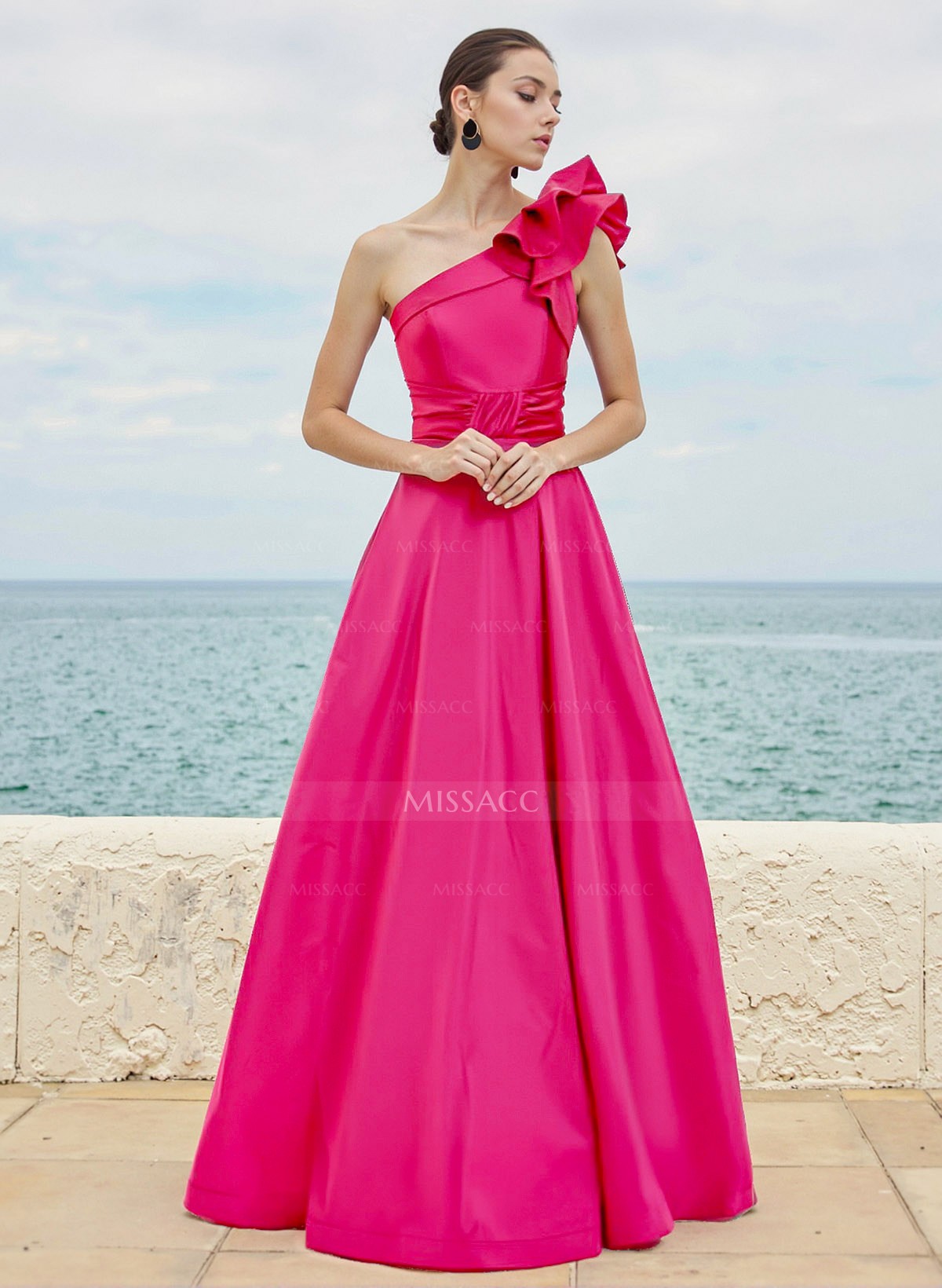 A-Line One-Shoulder Sleeveless Satin Bridesmaid Dresses With Cascading Ruffles