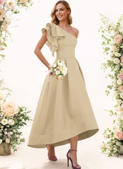 A-Line One-Shoulder Sleeveless Asymmetrical Satin Bridesmaid Dresses With Pockets