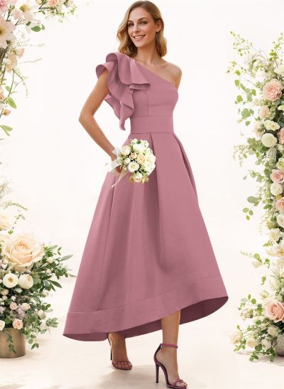 A-Line One-Shoulder Sleeveless Asymmetrical Satin Bridesmaid Dresses With Pockets