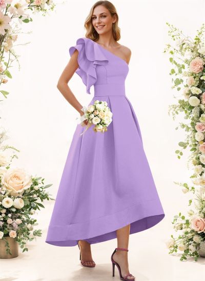 A-Line One-Shoulder Sleeveless Asymmetrical Satin Bridesmaid Dresses With Pockets