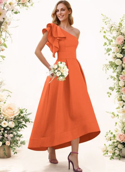 A-Line One-Shoulder Sleeveless Asymmetrical Satin Bridesmaid Dresses With Pockets