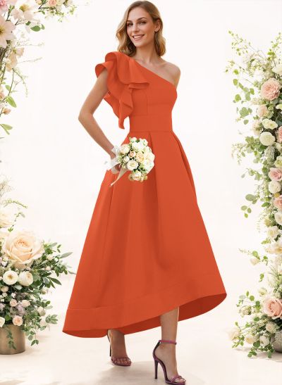 A-Line One-Shoulder Sleeveless Asymmetrical Satin Bridesmaid Dresses With Pockets