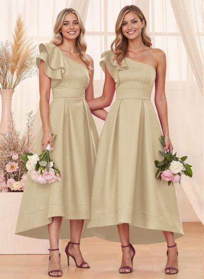 A-Line One-Shoulder Sleeveless Asymmetrical Satin Bridesmaid Dresses With Pockets