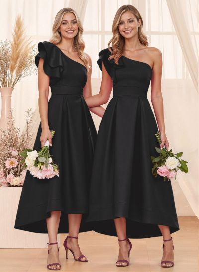 A-Line One-Shoulder Sleeveless Asymmetrical Satin Bridesmaid Dresses With Pockets