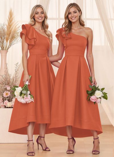 A-Line One-Shoulder Sleeveless Asymmetrical Satin Bridesmaid Dresses With Pockets