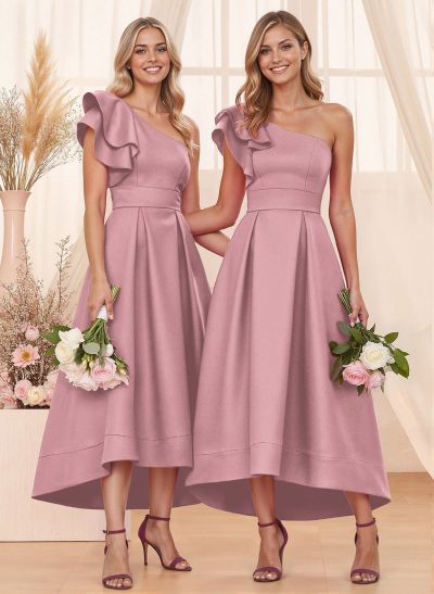 A-Line One-Shoulder Sleeveless Asymmetrical Satin Bridesmaid Dresses With Pockets