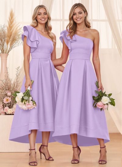 A-Line One-Shoulder Sleeveless Asymmetrical Satin Bridesmaid Dresses With Pockets