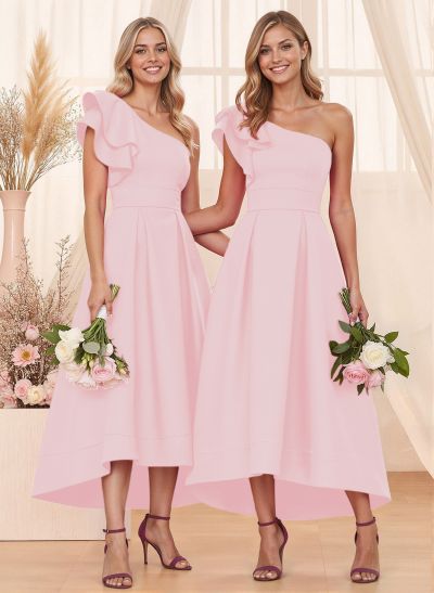 A-Line One-Shoulder Sleeveless Asymmetrical Satin Bridesmaid Dresses With Pockets