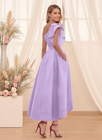 A-Line One-Shoulder Sleeveless Asymmetrical Satin Bridesmaid Dresses With Pockets