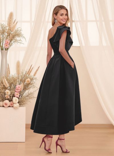 A-Line One-Shoulder Sleeveless Asymmetrical Satin Bridesmaid Dresses With Pockets