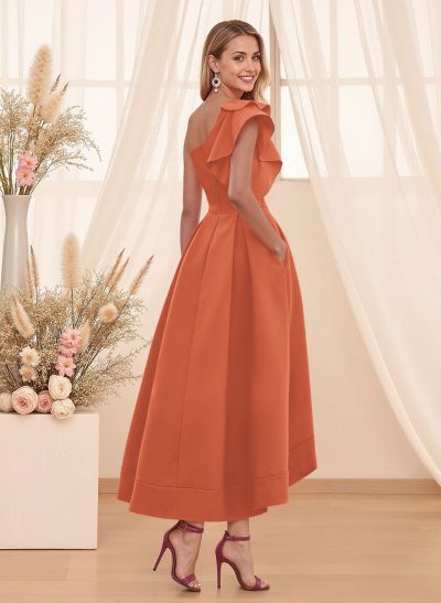 A-Line One-Shoulder Sleeveless Asymmetrical Satin Bridesmaid Dresses With Pockets
