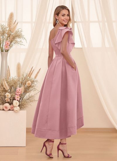 A-Line One-Shoulder Sleeveless Asymmetrical Satin Bridesmaid Dresses With Pockets