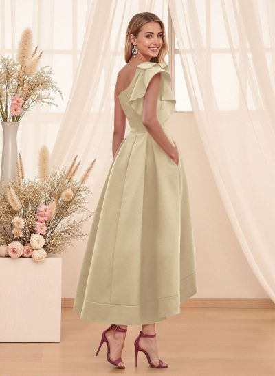 A-Line One-Shoulder Sleeveless Asymmetrical Satin Bridesmaid Dresses With Pockets