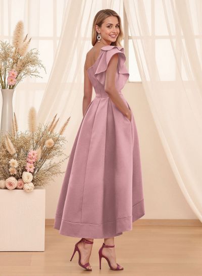 A-Line One-Shoulder Sleeveless Asymmetrical Satin Bridesmaid Dresses With Pockets