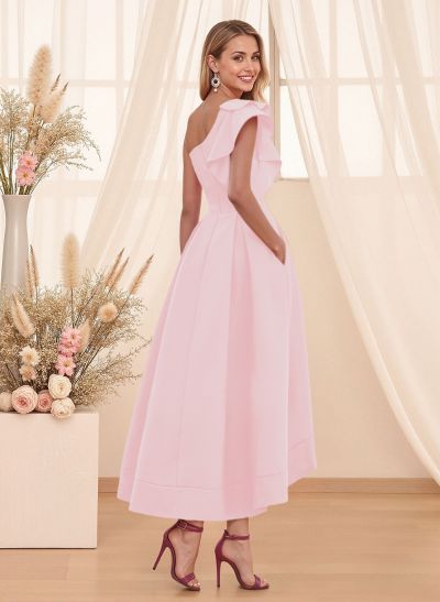 A-Line One-Shoulder Sleeveless Asymmetrical Satin Bridesmaid Dresses With Pockets