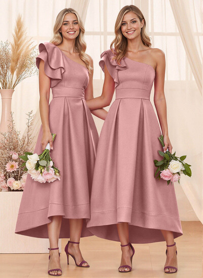 A-Line One-Shoulder Sleeveless Asymmetrical Satin Bridesmaid Dresses With Pockets
