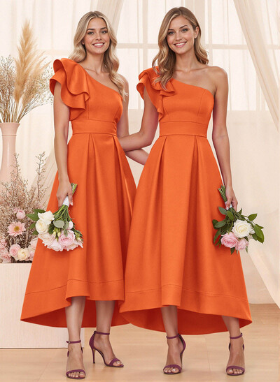 A-Line One-Shoulder Sleeveless Asymmetrical Satin Bridesmaid Dresses With Pockets