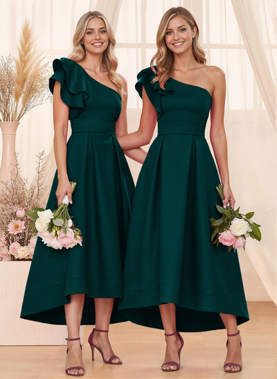 A-Line One-Shoulder Sleeveless Asymmetrical Satin Bridesmaid Dresses With Pockets