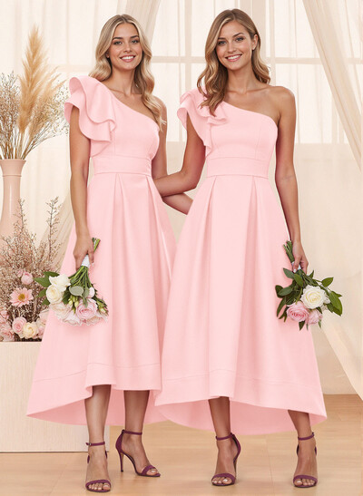 A-Line One-Shoulder Sleeveless Asymmetrical Satin Bridesmaid Dresses With Pockets