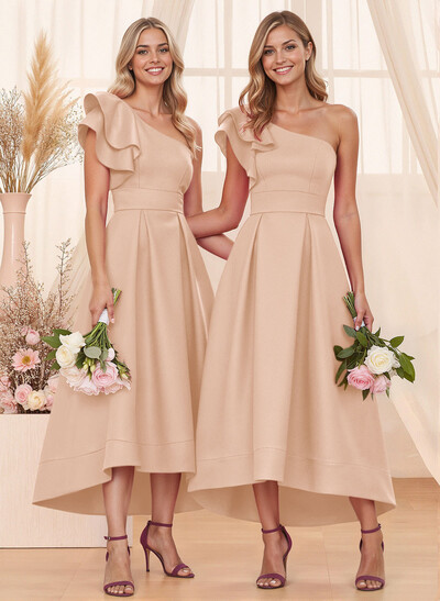 A-Line One-Shoulder Sleeveless Asymmetrical Satin Bridesmaid Dresses With Pockets