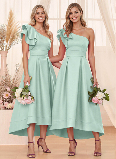 A-Line One-Shoulder Sleeveless Asymmetrical Satin Bridesmaid Dresses With Pockets