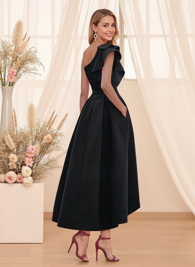 A-Line One-Shoulder Sleeveless Asymmetrical Satin Bridesmaid Dresses With Pockets