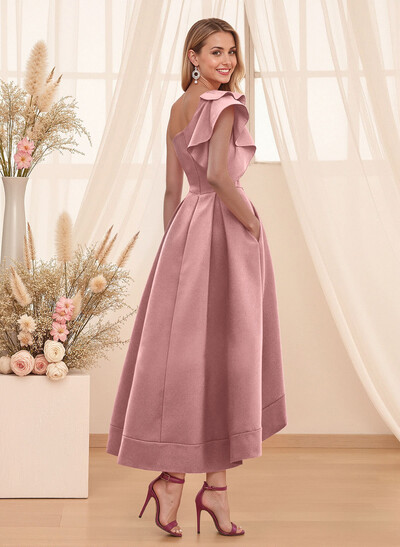 A-Line One-Shoulder Sleeveless Asymmetrical Satin Bridesmaid Dresses With Pockets