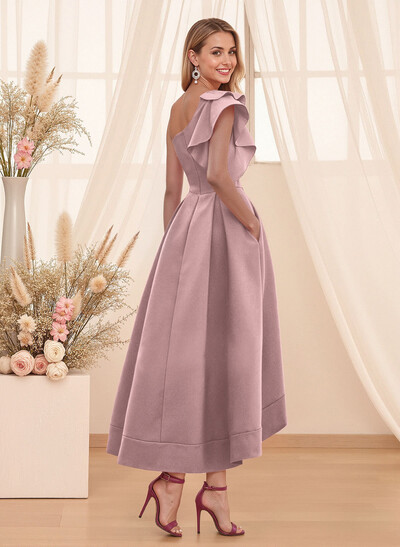 A-Line One-Shoulder Sleeveless Asymmetrical Satin Bridesmaid Dresses With Pockets