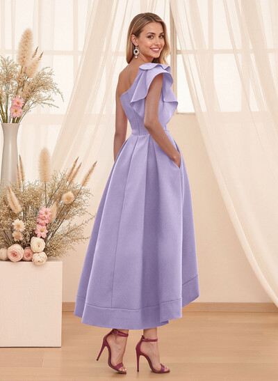 A-Line One-Shoulder Sleeveless Asymmetrical Satin Bridesmaid Dresses With Pockets