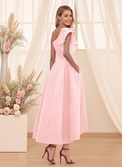 A-Line One-Shoulder Sleeveless Asymmetrical Satin Bridesmaid Dresses With Pockets