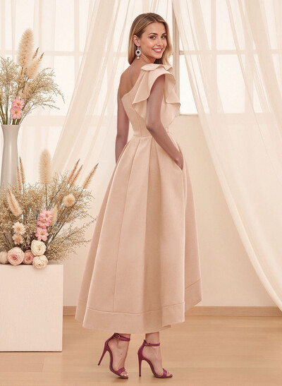 A-Line One-Shoulder Sleeveless Asymmetrical Satin Bridesmaid Dresses With Pockets