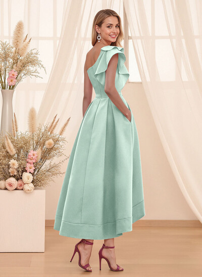 A-Line One-Shoulder Sleeveless Asymmetrical Satin Bridesmaid Dresses With Pockets