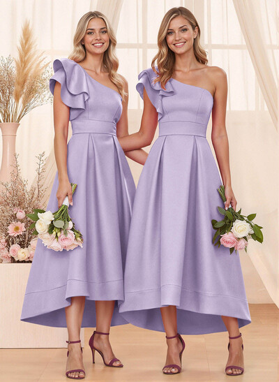 A-Line One-Shoulder Sleeveless Asymmetrical Satin Bridesmaid Dresses With Pockets