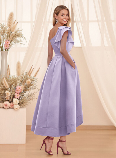 A-Line One-Shoulder Sleeveless Asymmetrical Satin Bridesmaid Dresses With Pockets