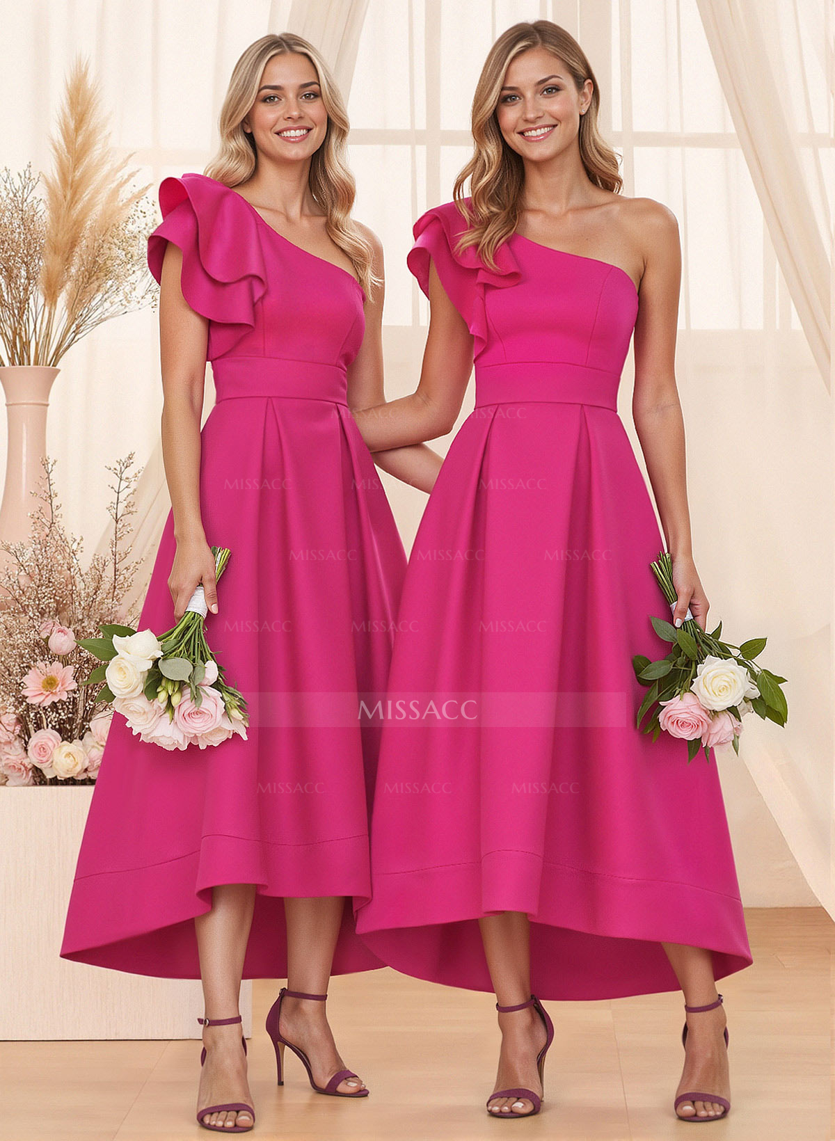 A-Line One-Shoulder Sleeveless Asymmetrical Satin Bridesmaid Dresses With Pockets