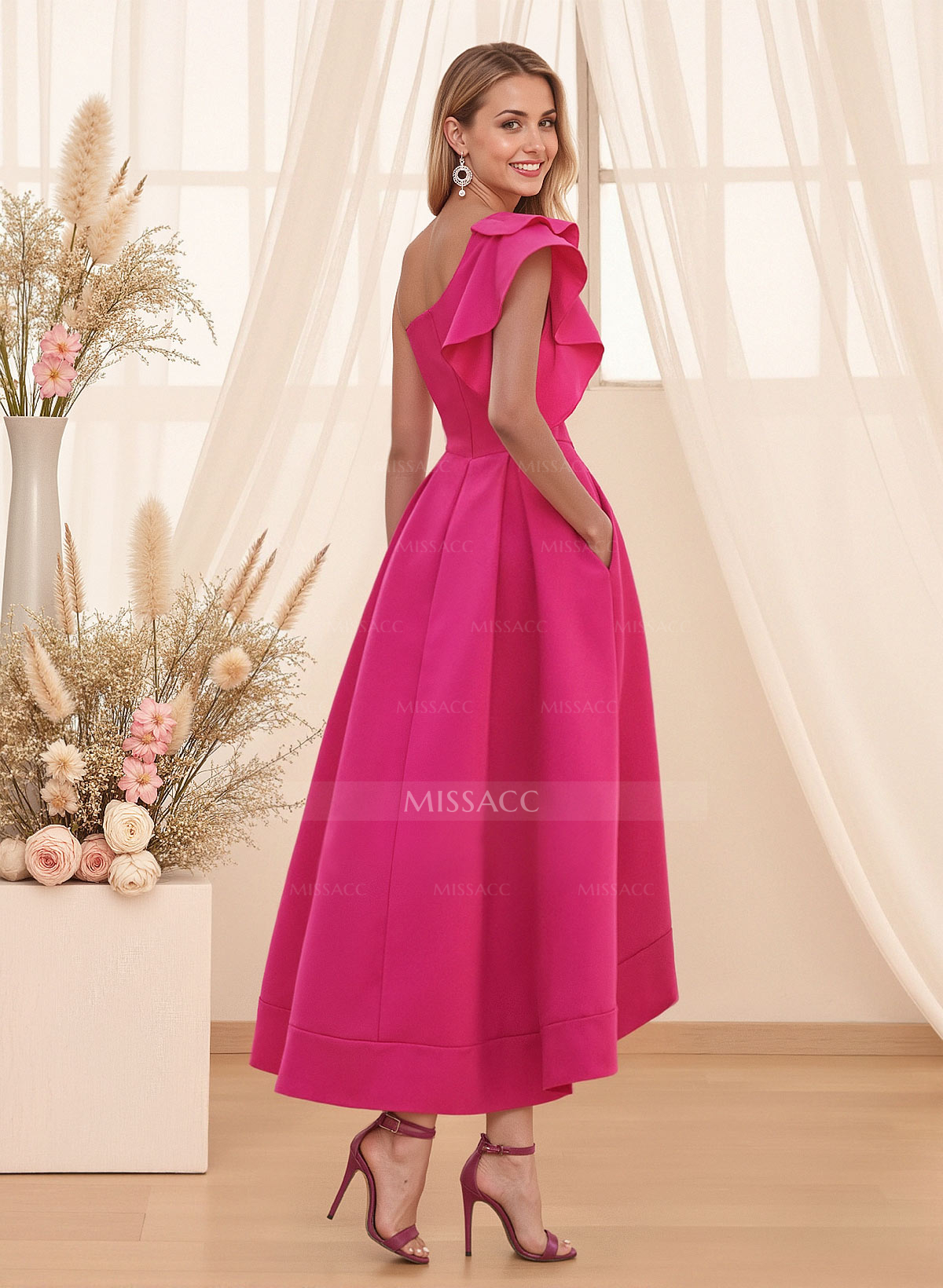 A-Line One-Shoulder Sleeveless Asymmetrical Satin Bridesmaid Dresses With Pockets