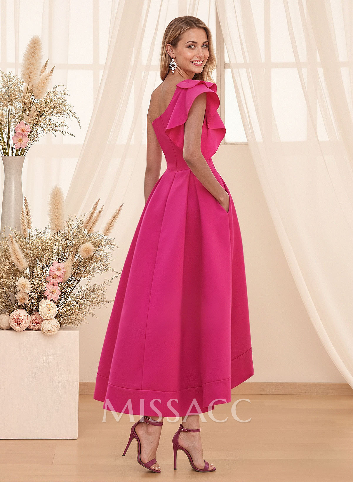 A-Line One-Shoulder Sleeveless Asymmetrical Satin Bridesmaid Dresses With Pockets