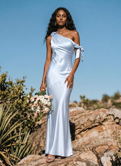 Sheath/Column One-Shoulder Silk Like Satin Bridesmaid Dresses With Bow(s)