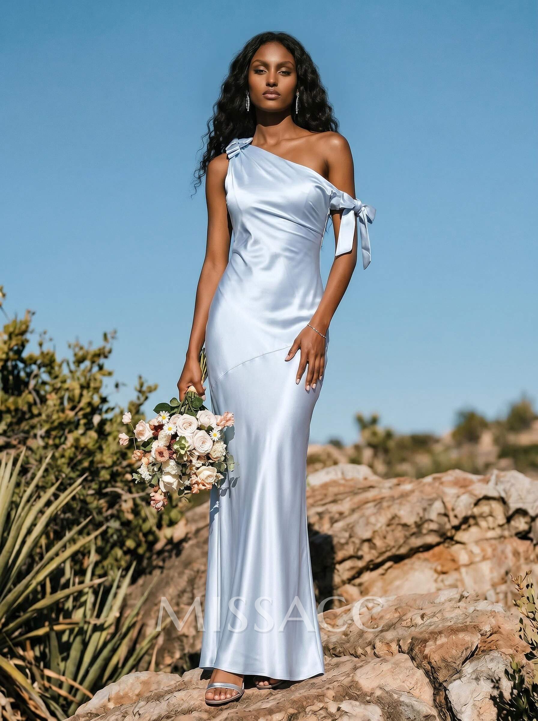 Sheath/Column One-Shoulder Silk Like Satin Bridesmaid Dresses With Bow(s) Sheath/Column One-Shoulder Silk Like Satin Bridesmaid Dresses With Bow(s)