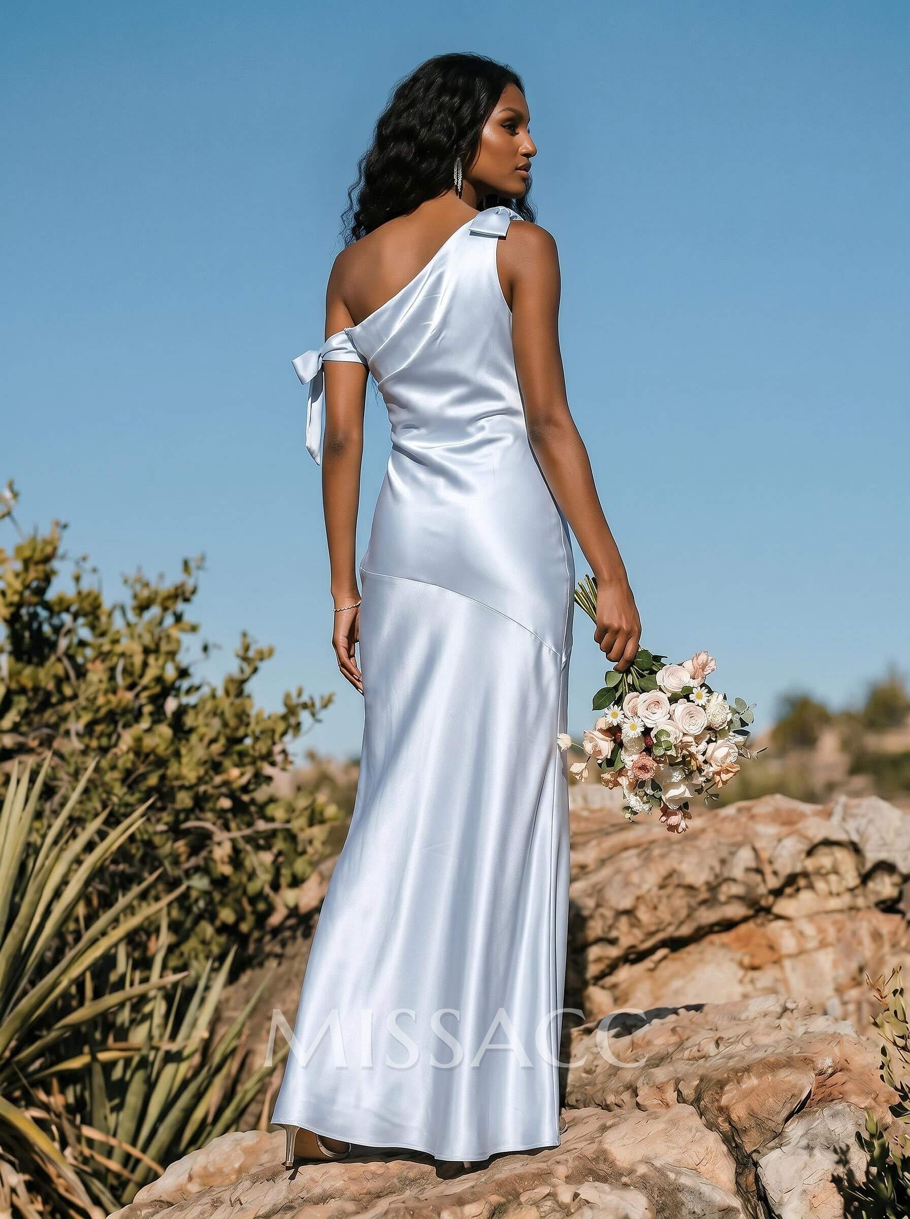 Sheath/Column One-Shoulder Silk Like Satin Bridesmaid Dresses With Bow(s) Sheath/Column One-Shoulder Silk Like Satin Bridesmaid Dresses With Bow(s)