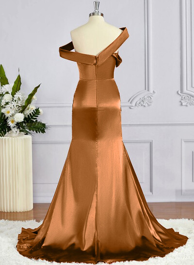 Trumpet/Mermaid Asymmetrical Stretch Satin Knit Bridesmaid Dresses With High Split