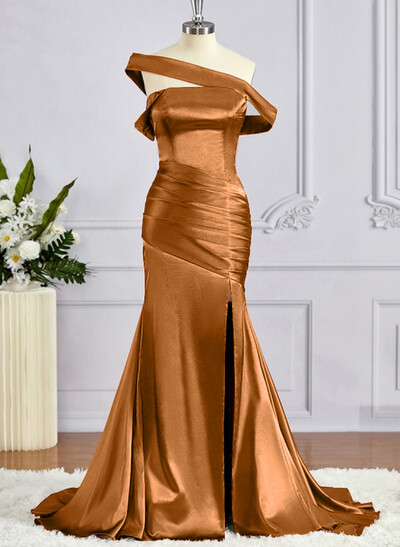Trumpet/Mermaid Asymmetrical Stretch Satin Knit Bridesmaid Dresses With High Split